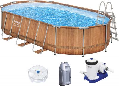 Каркасный бассейн Bestway 56719 (610х366х122 см) с гидромассажем, картриджным фильтром и лестницей Каркасный бассейн Bestway 56719 (610х366х122 см) с гидромассажем, картриджным фильтром и лестницей